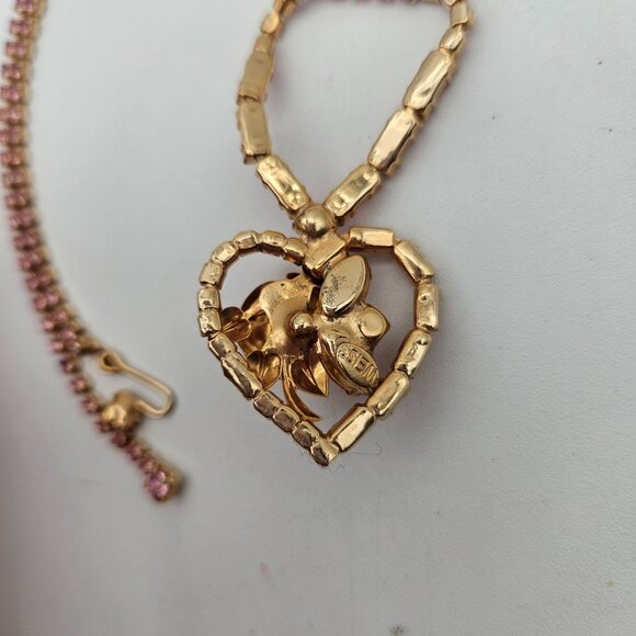 Vintage Weiss Gold Tone Pink Rhinestone Rose Heart Choker Necklace Earrings Set - Picture 5 of 5